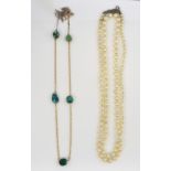 Early 20th C necklace set with turquoise beads on a gold chain stamped 9ct, 61 cm and a cultured