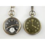 Two military pocket watches, one with black dial Arabic numerals and sub dial, back of case engraved
