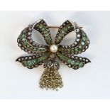 Antique emerald and diamond bow brooch, with central natural pearl, emeralds and rose-cut