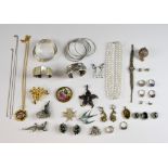 Group of costume jewellery, including Egyptian silver bangle, marcasite set parrot brooch, with