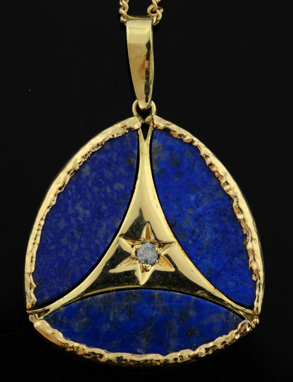 Lapis Lazuli and diamond pendant, round cut diamond, with three marquise shaped plaques, set in 18ct - Image 3 of 3