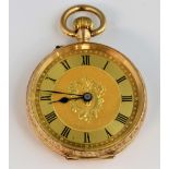 Ladies pocket watch, gilt dial with Roman numerals, 12ct gold ornate case, inside numbered 231927,