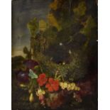 19th century English School, still-life with bird's nest, flowers and fruit, unsigned, oil on