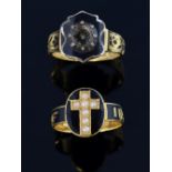 Two 19th C gold mourning rings with black enamel one with seed pearls, inscriptions dated 1848 and