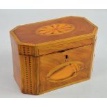 19th century mahogany tea caddy of octagonal section with herringbone and shell inlaid decoration,