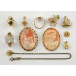 Collection of jewellery, including two cameos, one signed G.Noto, signet ring, size O, zebra,