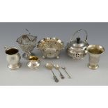 Various small silver plated items including a sugar basket, mug and other items.