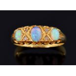 Victorian opal and diamond ring in carved setting,18 ct gold, Birmingham 1901, ring size K . Gross