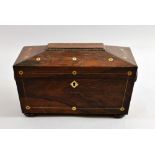 19th century rosewood and mother-of-pearl inlaid tea caddy, with glass bowl, on bun feet, 18cm x