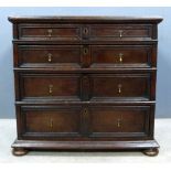 18th century style oak chest of four long graduated drawers on squashed bun feet, 85cm x 89cm x