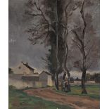 Leo Gausson (French, 1860-1944), continental village scene with two figures by a tree and