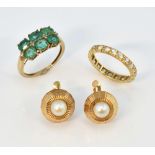 Two gem set gold rings and a pair of earrings, oval cut tourmaline and diamond ring, mounted in