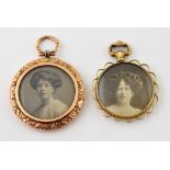 Two 19th C double sided open lockets, one with scroll decorated border measuring approximately 3.5cm