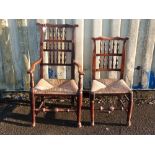 Set of ten late 18th early 19th century elm spindle back dining chairs with rush seats on turned