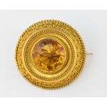 Victorian citrine gold brooch, central round cut citrine, estimated weight 7.31 carats, mounted in