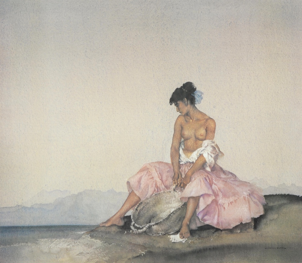 William Russell Flint, limited edition print of a seated semi-clad young woman, numbered 325/850, - Bild 2 aus 4