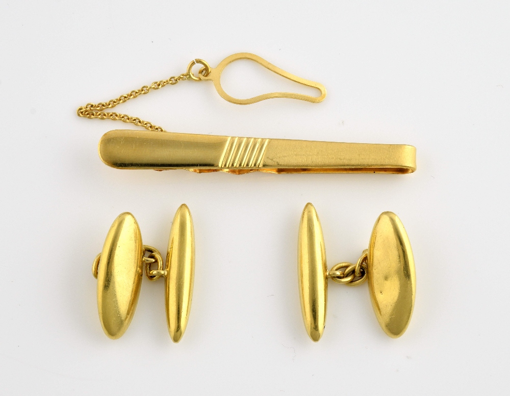 Early 20th C Torpedo cufflinks, with chain link attachment, hallmarked Birmingham 1911, with tie