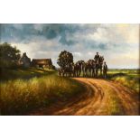 Graham Isom (b. 1945), cart horses loaded up being led on a country path, oil on canvas, signed