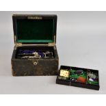 19th century box containing costume jewellery, including jet earrings, German enamel buckle,