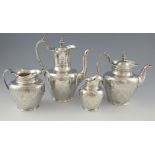 Victorian four-piece silver tea service, comprising teapot, coffeepot, sugar bowl and cream jug,