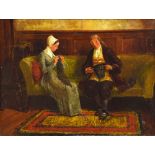 19th century interior scene with a man and a woman sitting on a sofa, indistinctly signed F. Bann