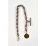 Victorian silver albert chain with token, graduated links with T-bar and swivel clasp, measuring