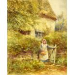 19th century watercolour of a young girl by a cottage monogrammed EAS, 15cm x 12cm .