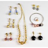 Vintage Venetian glass jewellery, gold cased glass necklace, five pairs of earrings, a ring and a