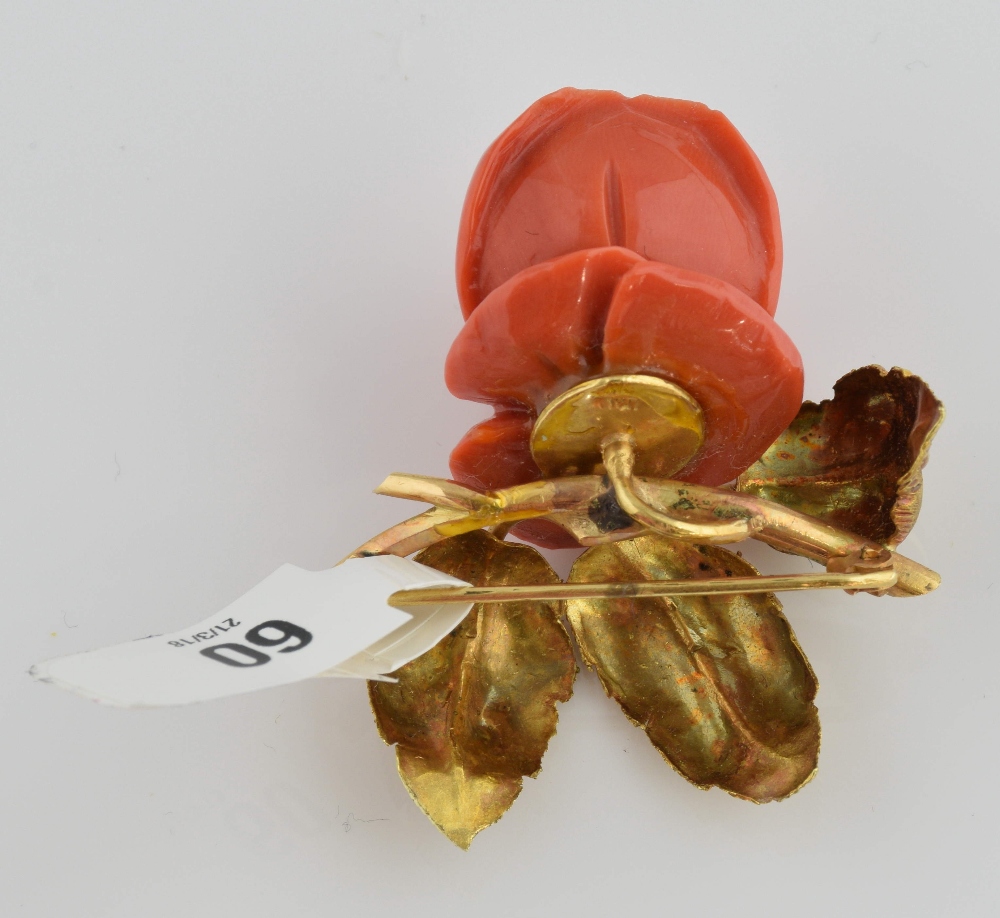 1950's Italian coral rose brooch, with leaf and stem detailing, measuring approximately 4.5cm x 4cm, - Image 3 of 4