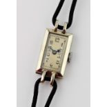 Ladies Art Deco cocktail watch, rectangular white dial Arabic numerals, blue steel hands, mechanical