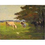 20th century English School, impressionistic landscape scene of a boy milking a cow with a cathedral
