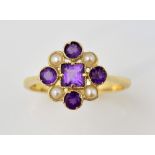 Amethyst and pearl ring, in millgrain setting, 9 ct gold, size O 1/2 .