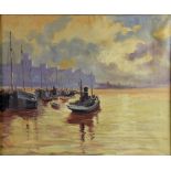 Thames view with moored barges, oil on canvas, unsigned, 45cm x 55cm, Continental street scene,