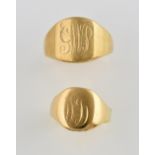 Two gold signet rings, oval signet ring, hallmarked Sheffield 1998, in 18 ct, size N and 9 ct signet