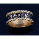 Victorian gold mourning ring the black band of enamel and the words 'In memory of D S, internal