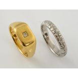 Two rings, diamond set signet ring, mounted in 18ct yellow gold, ring size P 1/2, with textured