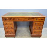 19th century mahogany pedestal desk of nine drawer configuration, 60cm x 120cm .