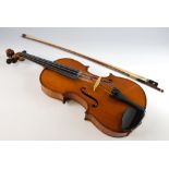 Violin, two-piece back 35cm excluding button, violin bow by and stamped Roderich Paesold, gig-bags