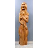 A tribal (possibly Polynesian) wooden statue of a woman, 158 cm high.