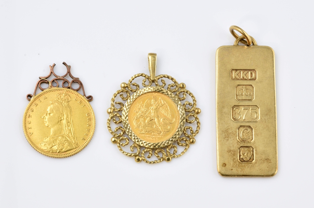 Three pendants, gold ingot hallmarked London 1977, Victorian 1890 shield back 1/2 sovereign