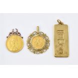Three pendants, gold ingot hallmarked London 1977, Victorian 1890 shield back 1/2 sovereign