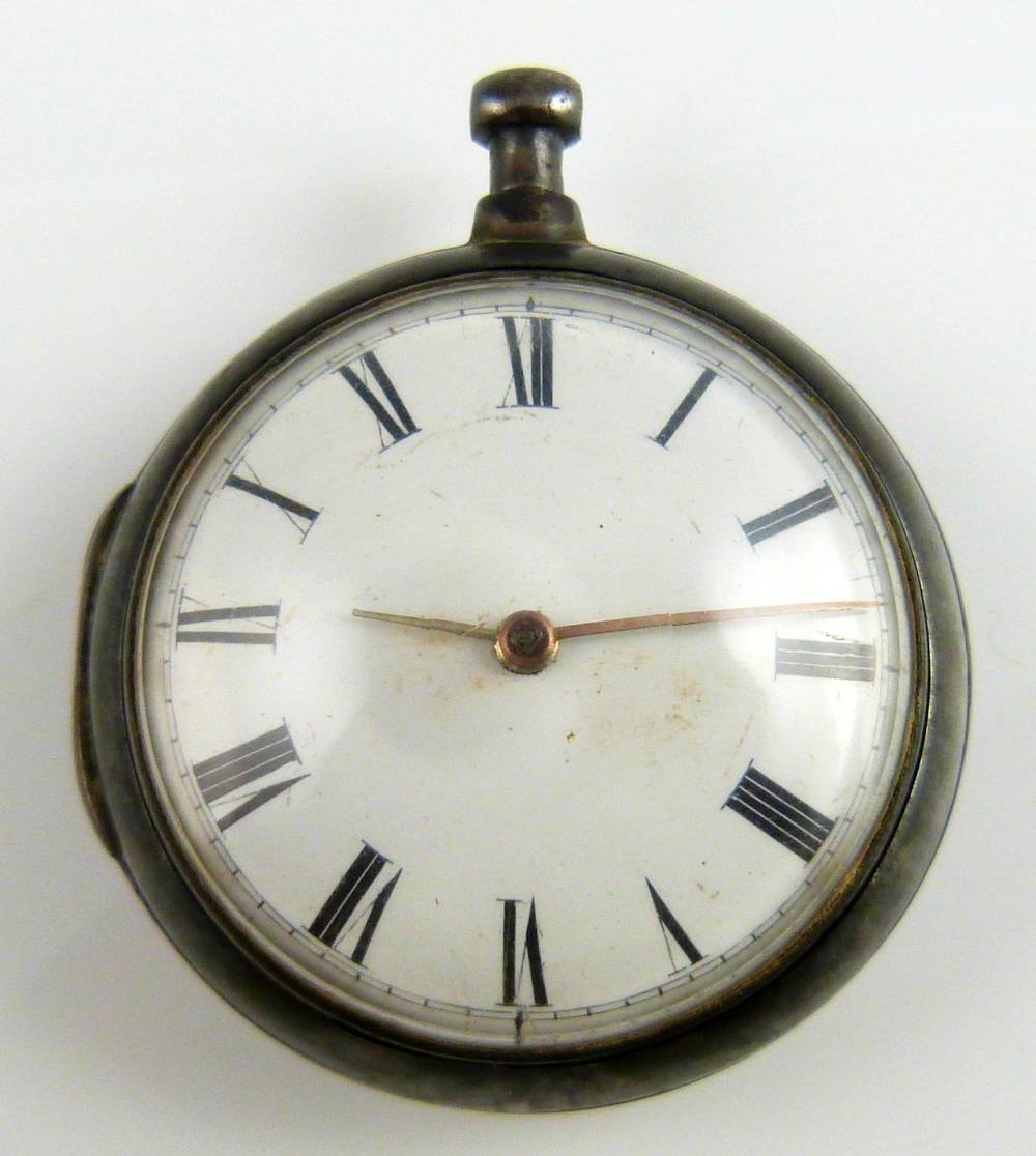 Silver pair cased pocket watch, the white enamelled dial with Roman numerals.
