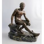 20th century bronze figure of Hermes seated on a naturalistic black and veined marble base, the