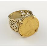 Gold ring set with Victorian 1892 Half Sovereign shield back, coin, yellow metal ring mount,