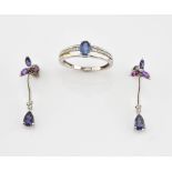 Sapphire and diamond ring, oval cut sapphire with Swiss cut diamonds, size O and tanzanite, amethyst