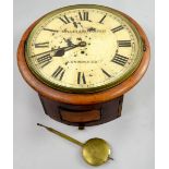 Mahogany cased round wall clock, with single fusee movement, the painted dial with Roman numerals,