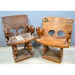 Two Fon chairs, possibly priests' chairs, Kumasi Ghana, with carved arms and legs depicting stylised