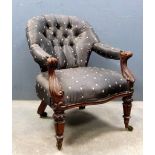 19th century mahogany button back armchair .