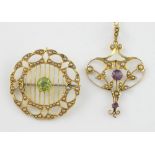 Edwardian pendant set with amethyst and seed pearl, 4.3 cm and a brooch with seed pearl and peridot,