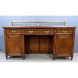 19th century oak pedestal sideboard with raised brass galleried back, on pedestals each with a